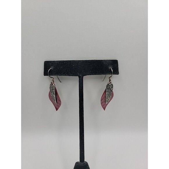 New Jody Coyote Silverworks Pink Silver Leaf Dangle Earrings Pierced Artisan - Picture 3 of 11